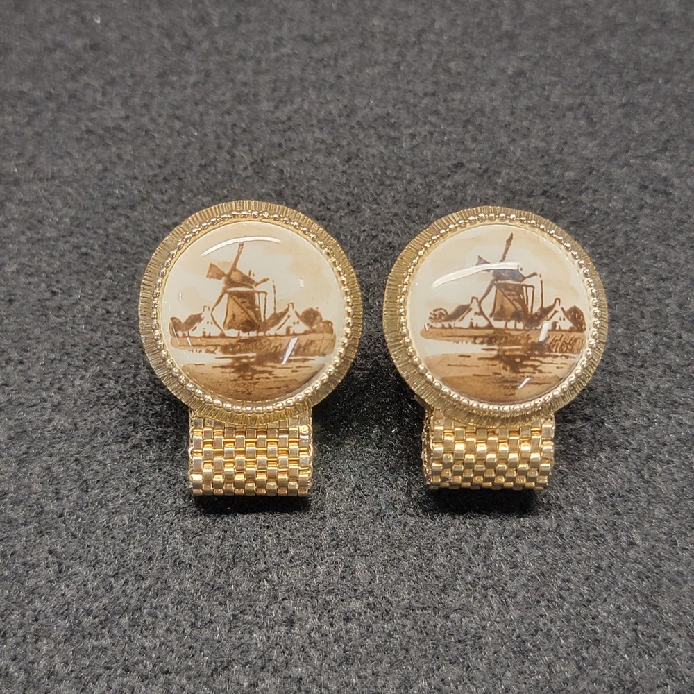 Swank Cufflinks Brown Gold Vintage 1960s Ceramic Delft Windmill Mesh Wrap
